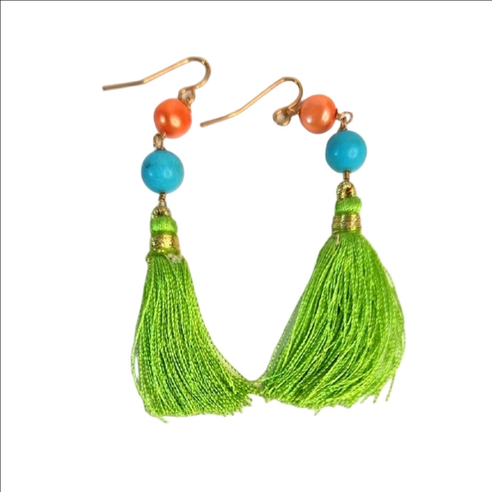 NWT icandi Artisan Boho Vibrant Earrings Green Tassel  Turquoise Orange Pearl